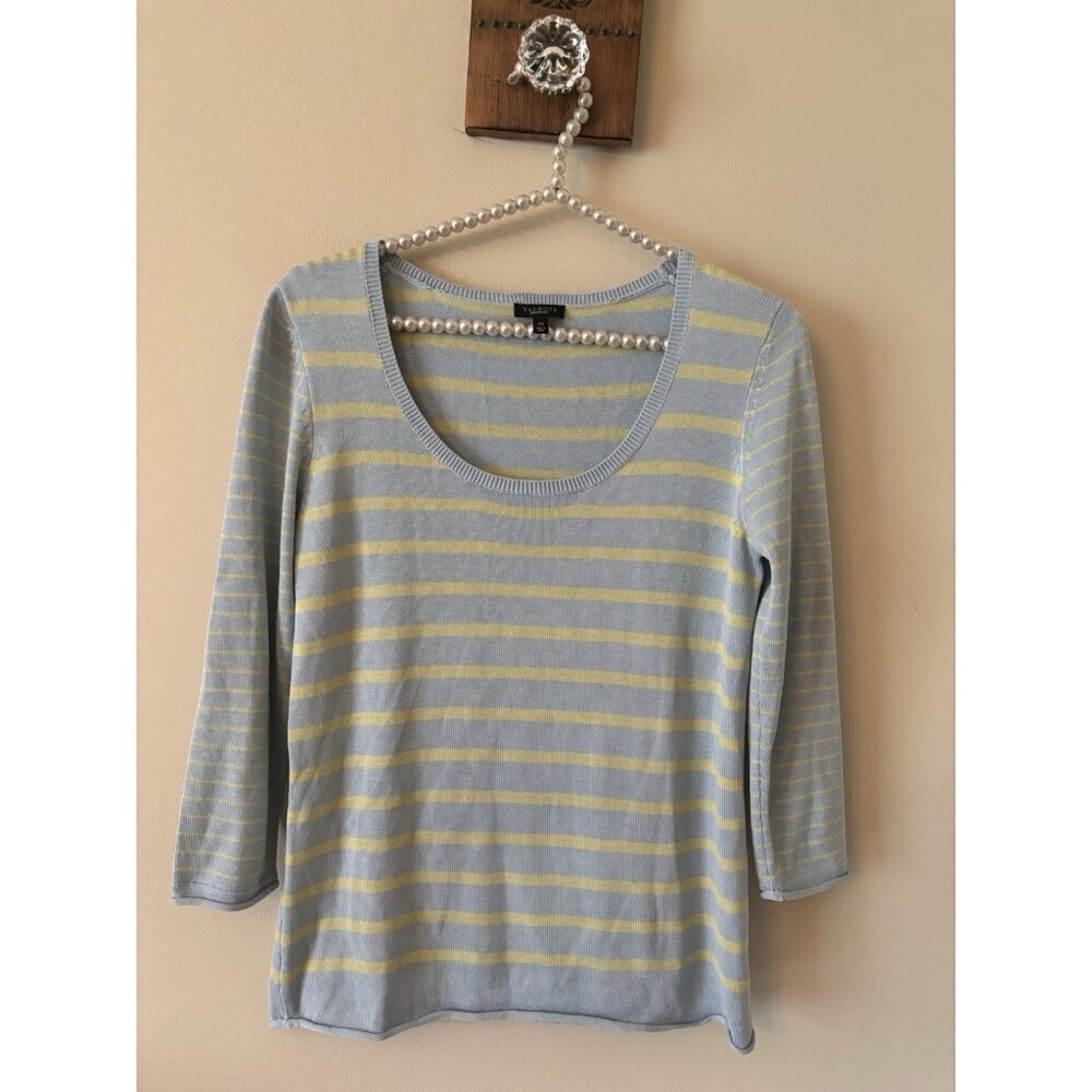 Talbots Womens Size XS Blue Green Stripe Silk Blend Sweater 3/4 Sleeve